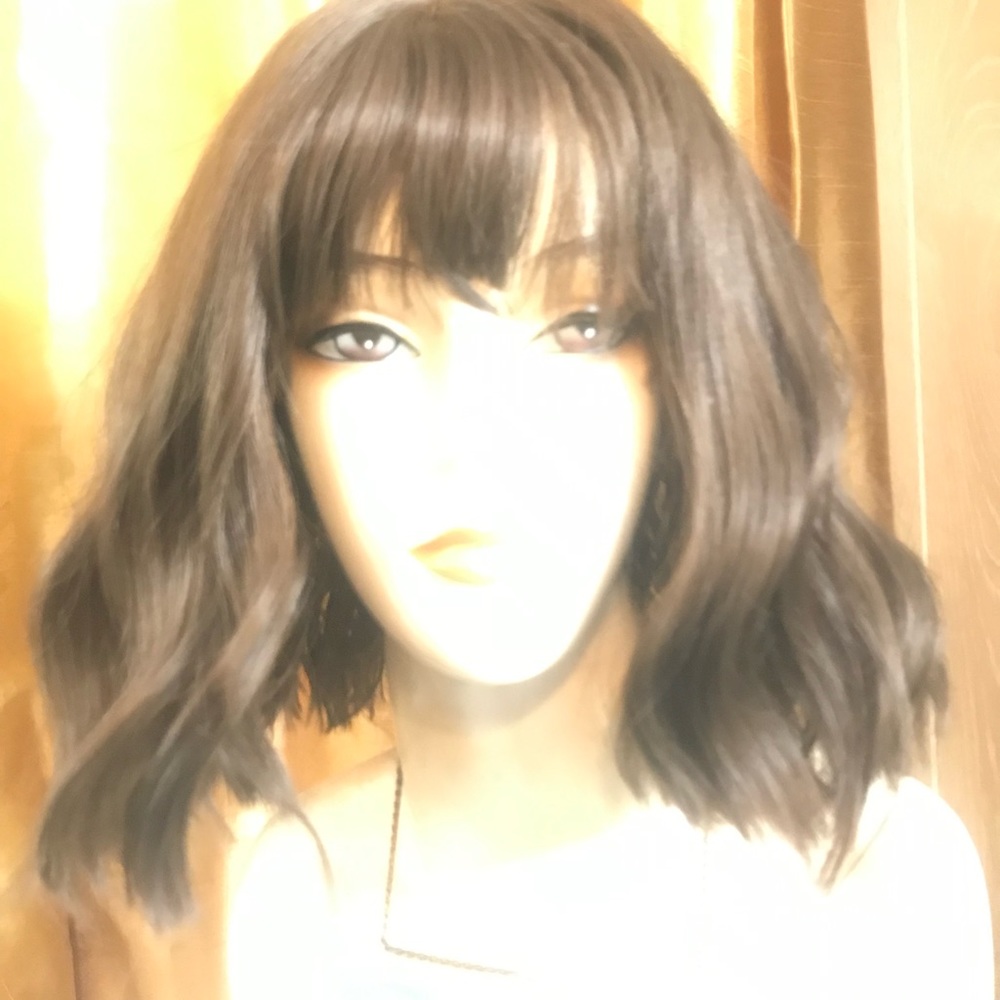 Brown water wave synthetic fiber wig, Good quality, soft and Silky, Bangs.